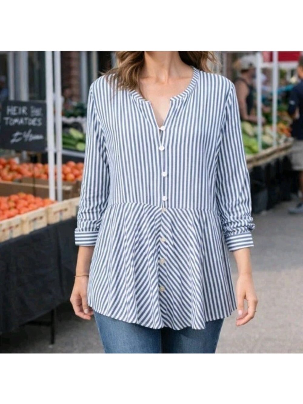J. Jill Coastal Grandma Button Up Tunic Blouse Sz Sm Blue White Striped Rayon